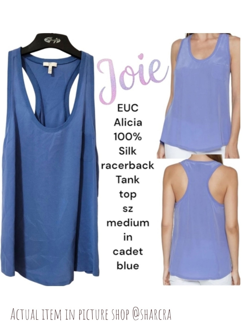 Joie Women's Alicia Silk Racerback Tank Top In Soft Cadet Blue Relaxed Fit M
